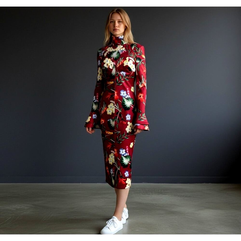 Nuvula Sacha Japanese Print Floral Mock Neck NWT Midi Dress M Bell Sleeve